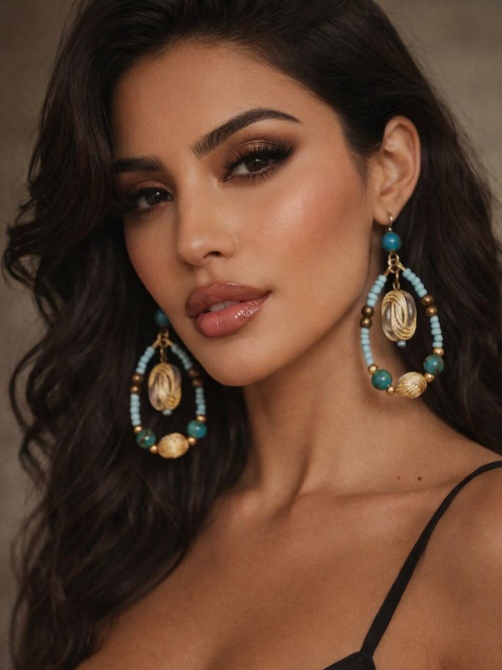 Teal & Antique Gold Filigree Hoop Earrings - Picture 4 of 6